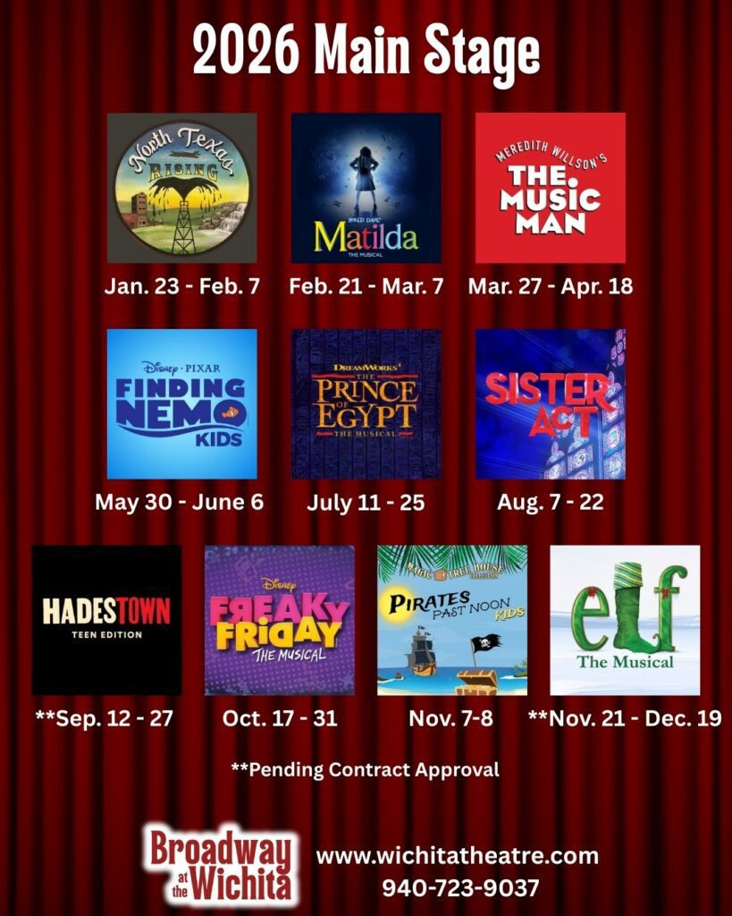 A graphical list of main stage productions at Wichita Theatre in Wichita Falls, Texas including: North Texas Rising, Matilda the Musical, The Music Man, Finding Nemo Kids, The Prince of Egypt, Sister Act, Hadestown Teen Edition (pending), Freaky Friday, Pirates Past Noon Kids, and Elf the Musical (pending).